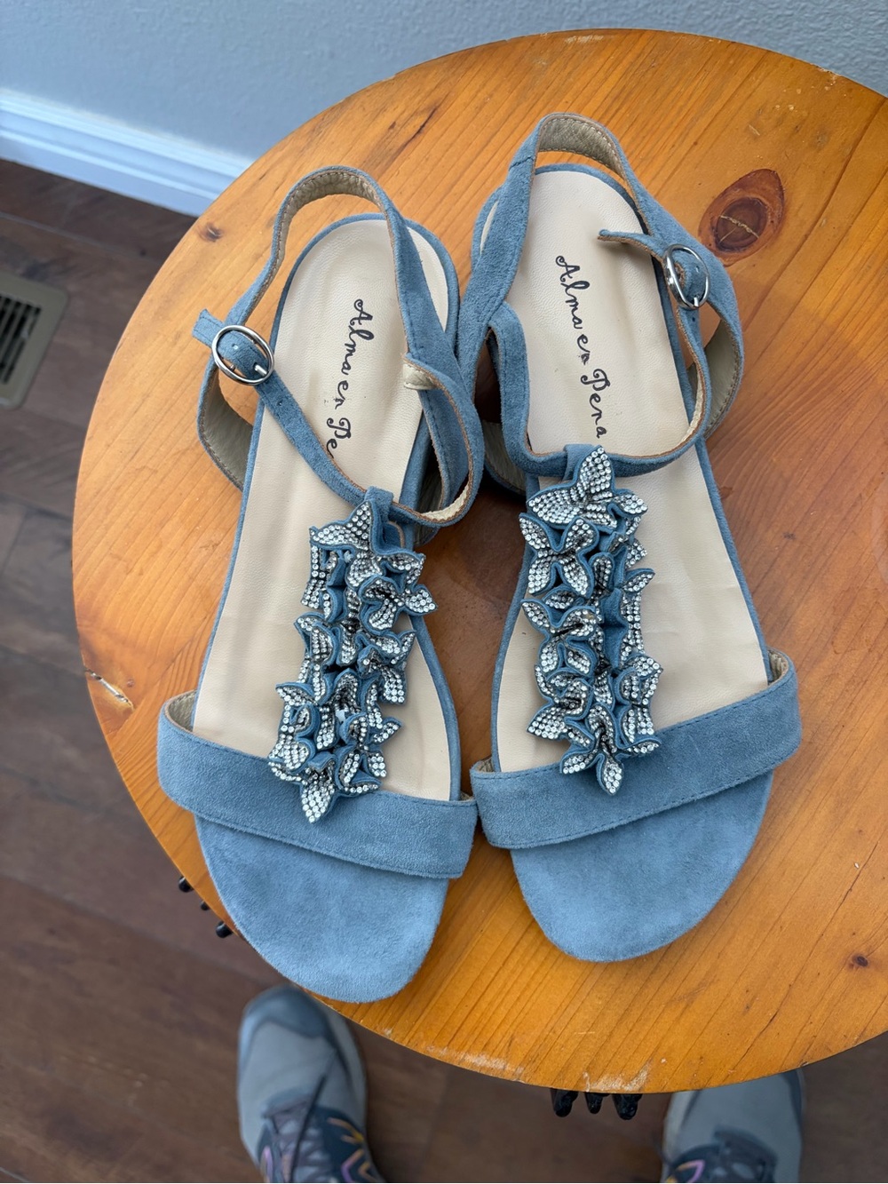 Blue Suede Beaded T-Strap Sandals